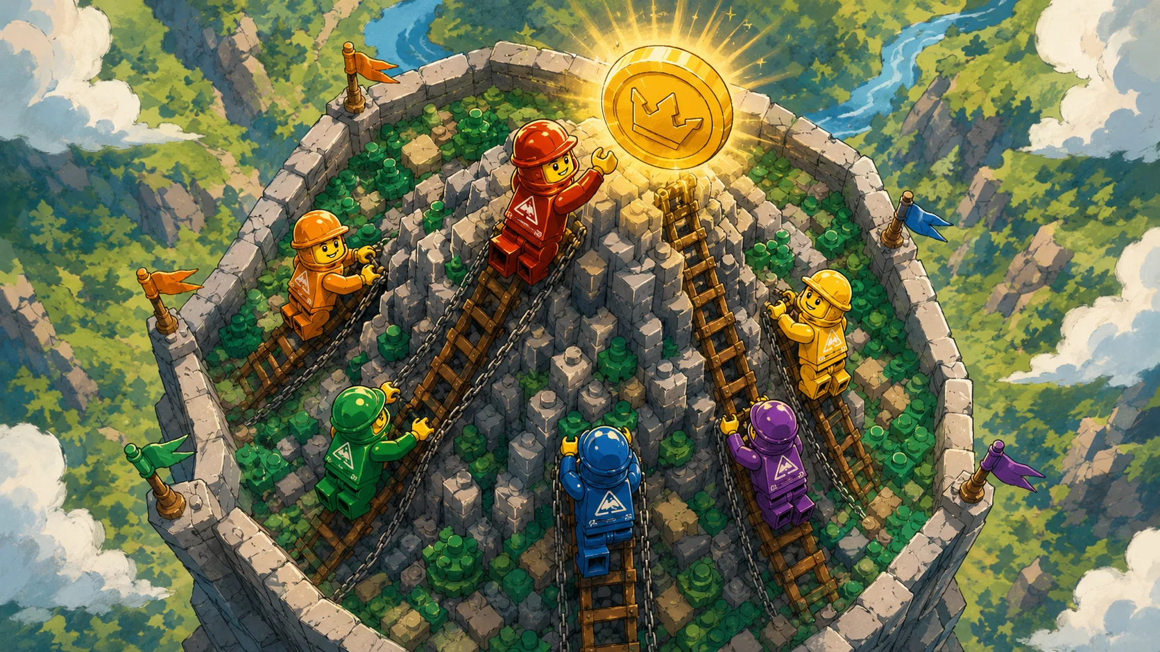 Six colourful LEGO climbers racing towards the gold coin at the mountain summit